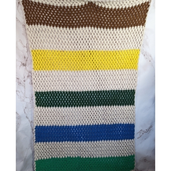 Vintage Crochet Blanket Throw Afghan Retro Brown Yellow Cream Blue Boho Stripe - Picture 10 of 13